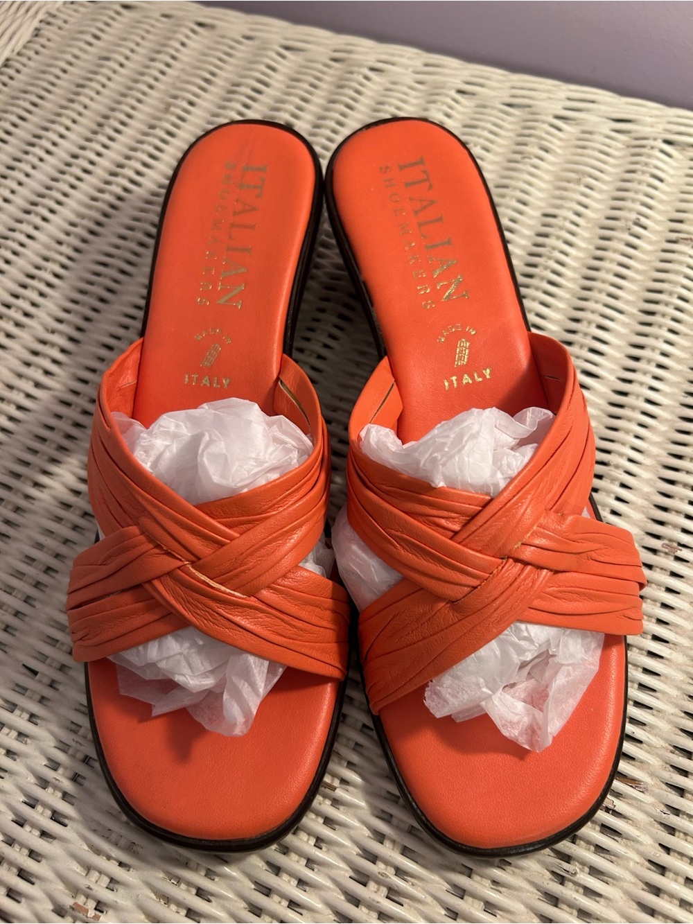 Italian Shoemakers Orange Leather Wedge Slide Sandals Italy Size 8 Boho